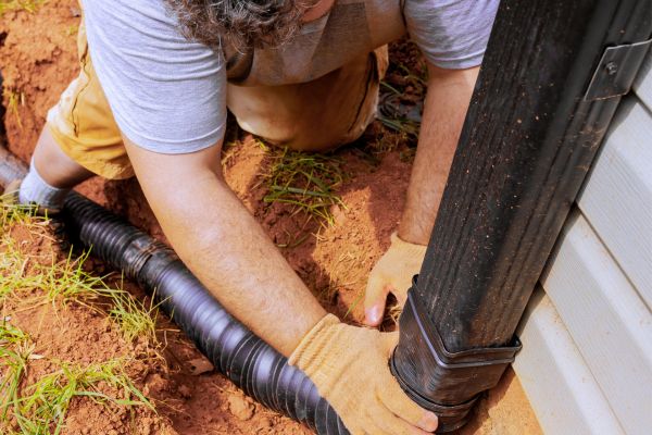 Roof Plumber Reparing Gutter And Connecting Drainage System